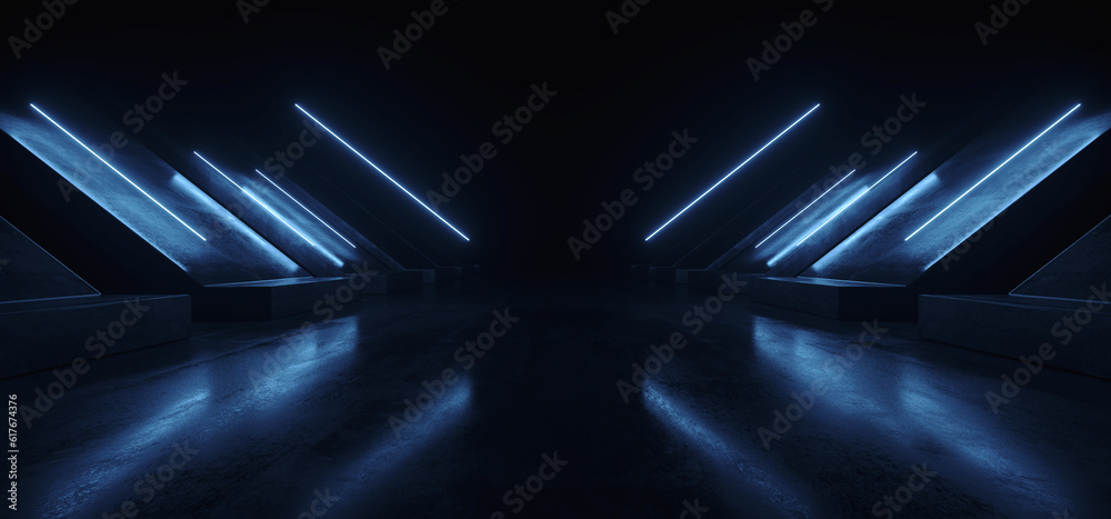 Wall mural futuristic sci fi cyber modern neon laser electric blue lights barn garage parking tunnel corridor u - Wall murals