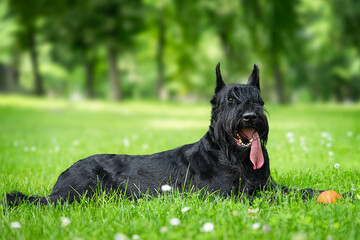 Giant schnauzer with tongue out lies in the park on the green grass.