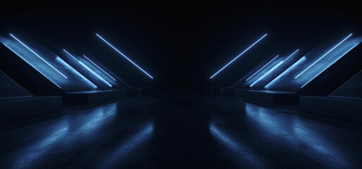 Futuristic Sci Fi Cyber Modern Neon Laser Electric Blue Lights Barn Garage Parking Tunnel Corridor Underground Asphalt Concrete Warehouse Room 3D Rendering © IM_VISUALS