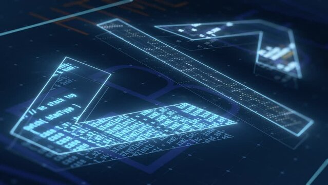 Abstract animation about web development and coding, represented by the iconic symbol, concept of technological innovation and digital connectivity (3d render)