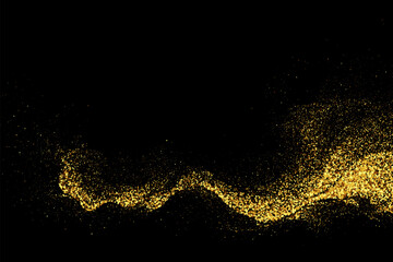 Fototapeta na wymiar Gold glitter texture on black background. Abstract golden color particles, confetti glitter wave. Festive background.