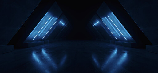 Futuristic Sci Fi Cyber Modern Neon Laser Electric Blue Lights Garage Parking Tunnel Corridor Underground Asphalt Concrete Warehouse Room 3D Rendering © IM_VISUALS