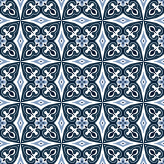 Fototapeta premium Blue seamless pattern, digital paper tiles. Morrocan, azulejos, mediterranean, portuguese pattern tiles.