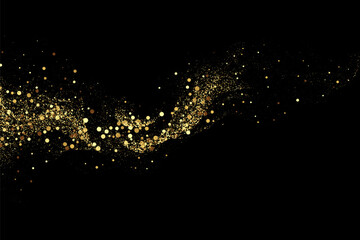 Gold glitter texture on black background.Gold sequins glisten with dust. A wave of glitter confetti. Festive background.