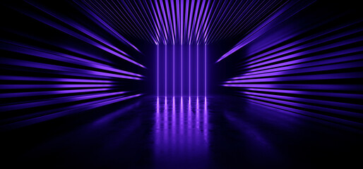 Futuristic Sci Fi Cyber Modern Neon Tubes Laser Vertical Ultraviolet Beams Lights Metal Stripe Glossy Barn Garage Parking Studio Showroom Tunnel Corridor Concrete Warehouse Room 3D Rendering