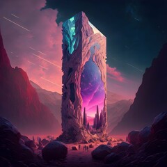 a glowing monolith in a vast awe inspiring valley as if formed in a dream HD realistic photorealism cinematic cinema quality wideangle aerial view Unreal engine light orbs mysticism DMT trippy trip 