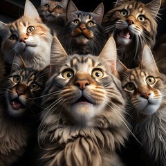Lots of Mainecoon cats taking a selfie while smiling and having fun center large male brown Mainecoon cat wide angle Directional Light Soft Lighting Cinematic Hyperrealistic 8k Extremely Detailed 