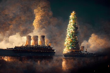 The Titanic sinking during Christmas smoke stacks made of Christmas trees and a Christmas tree on deck 8k 
