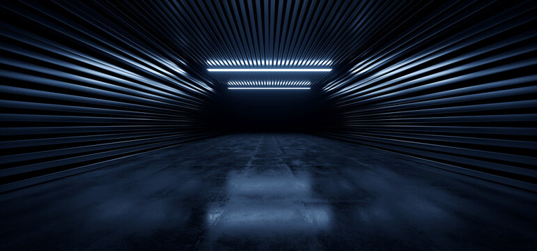 Futuristic Sci Fi Cyber Modern Laser Blue Beams Lights Metal Stripe Glossy Barn Garage Parking Studio Showroom Tunnel Corridor Underground Concrete Warehouse Room 3D Rendering
