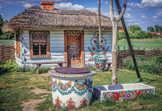 Zalipie, Poland - May 13, 2018: Cottage in Zalipie, famous village with painted houses in Lesser Poland region