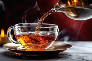 Hot black tea is being poured into the tea cup. Created with Generative AI technology. 