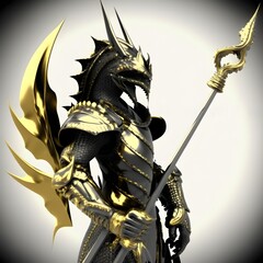 An image of a dragon warrior holding a spear the image is based on black and uses gold as an accent The background is white 3d rendering 