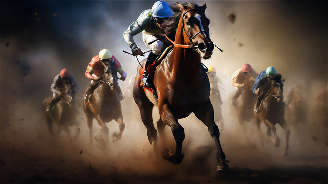 Horse Racing close up Photo. Sports, Horse racers. Ai generative.
