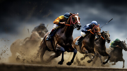 Horse Racing close up Photo. Sports, Horse racers. Ai generative.