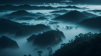 Mountain landscape with mist and fog in the morning.