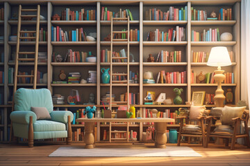 a close-up shot of a library room with a sweet and cute color