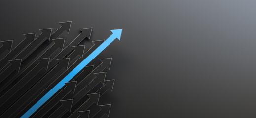 Leadership and growth concept, blue arrow standing out from the crowd of black arrows, on black background with empty copy space on right side. 3D Rendering