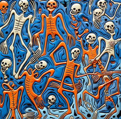 Seamless pattern with a lot of skulls and bones on a blue background. 