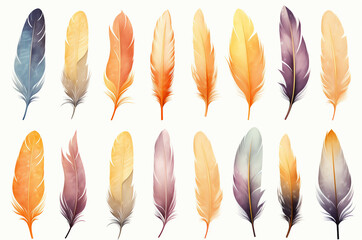 Boho set of watercolor bird feathers. Generative ai