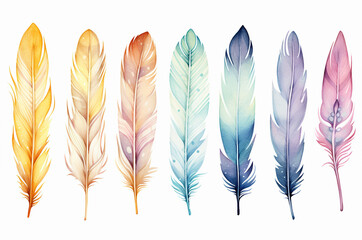 Set of watercolor bird feathers in delicate colors. Generative ai