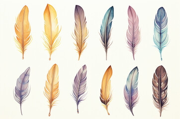 Mini set of watercolor bird feathers, boho style. Generative ai