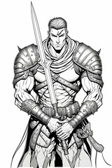 Plain White Background DD Human Fighter Epic armor and great weapon Coloring Book Page Solid Black Lines DD Art Concept Art Vector Coloring 