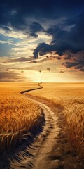 Nature's Wonder Path of Gold Dirt Path Leading to Wheat Field with Spectacular Backdrop and Dreamlike Composition, Beneath Impressive Skies Background created with Generative AI Technology