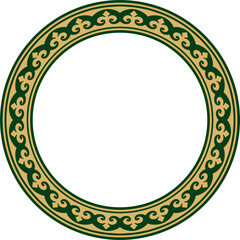 Vector gold and green Kazakh national round pattern, frame. Ethnic ornament of the nomadic peoples of Asia, the Great Steppe, Kazakhs, Kirghiz, Kalmyks, Mongols, Buryats, Turkmens