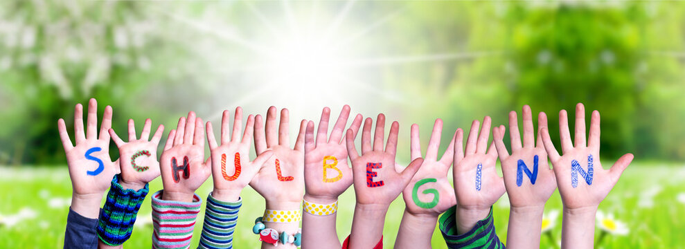 Children Hands Building Schulbeginn Means First Day Of School, Grass Meadow