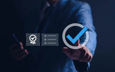 Hand showing quality assurance sign, leading service, certification, quality control, warranty standard, business technology concept.	
