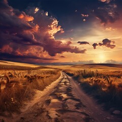 Naklejka na ściany i meble Nature's Wonder Path of Gold Dirt Path Leading to Wheat Field with Spectacular Backdrop and Dreamlike Composition, Beneath Impressive Skies Background created with Generative AI Technology