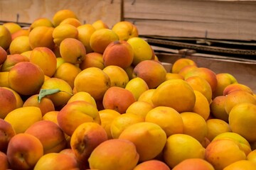 A stall at an open green market in Tetovo, North Macedonia, with the vendors selling fresh peaches.