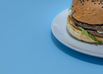 Closeup of a burger on a plate on blue background