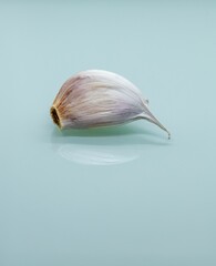 Vertical of a solo garlic against a blue background