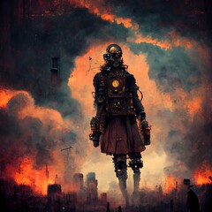 The Garlicheaded Man walked towards the burning Metropolis watching the oncehigh buildings falling down in flames Chaos was reigning and the Enigma Machine was destroyed steampunk full body shot 