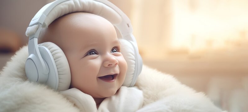 Closeup of cute little smiling newborn infant baby in headphones, listen to relaxing music (Generative Ai)