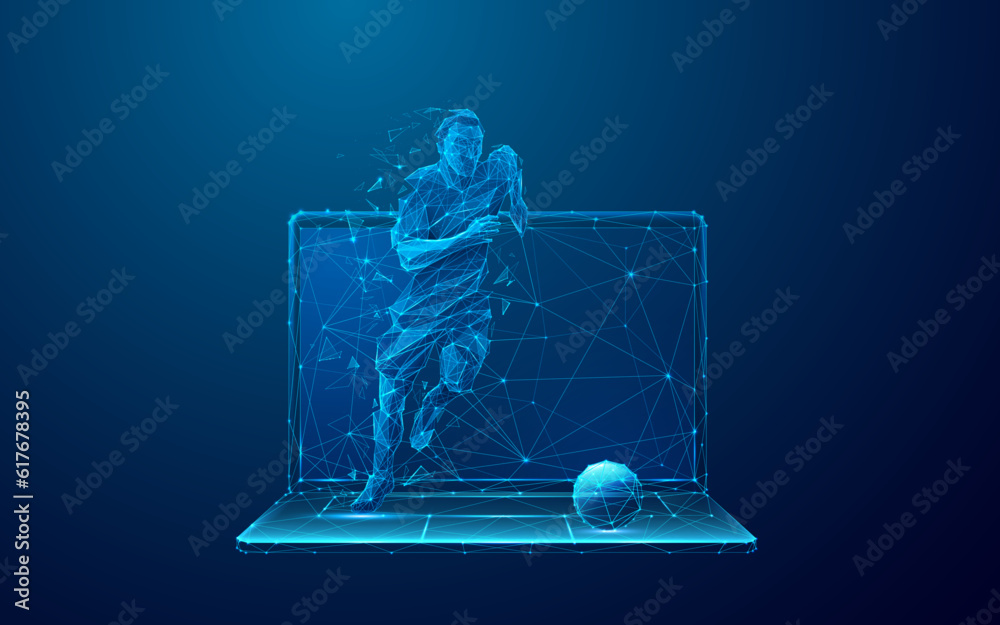 Poster abstract soccer player runs out of the laptop screen. cybersport or sports betting futuristic concep