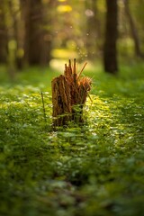 Beautiful colors of autumn with wood in fresh green grass in deep forest