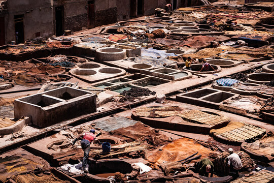 View of the clothes dye vats. Marrakesh or Marrakesh is the fourth largest city in Morocco. It is one of the four imperial cities of Morocco and the capital of the Marrakesh-Safi region. It is located