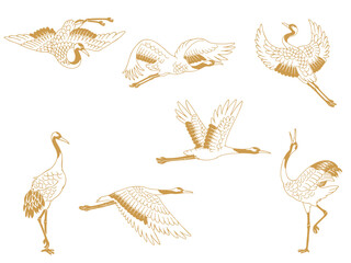 日本の鶴（タンチョウ）の手描きイラストセット_単色
