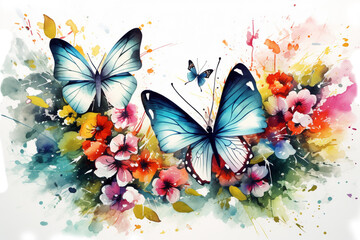 illustration of watercolor paint of butterflies, flower bloom, wild leaves, oversaturated, ink splash art background ,AI generated.
