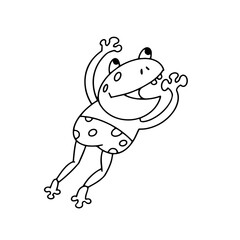 Cute funny frog for design. Drawing cartoon animal character for kids worksheet, book, game, poster. Vector illustration. Black outline drawing on white background.  