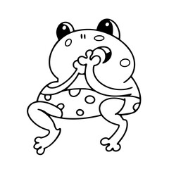 Cute funny frog for design. Drawing cartoon animal character for kids worksheet, book, game, poster. Vector illustration. Black outline drawing on white background.  