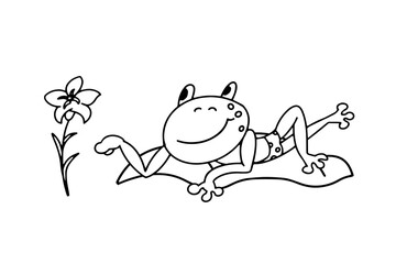 Cute funny frog for design. Drawing cartoon animal character for kids worksheet, book, game, poster. Vector illustration. Black outline drawing on white background.  