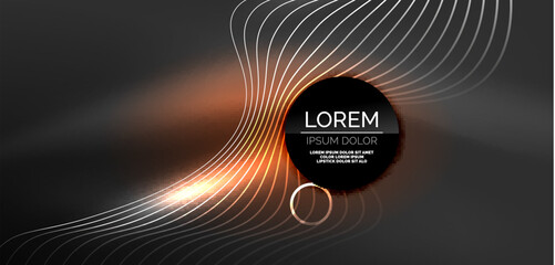 Neon laser lines, circles waves abstract background. Neon light or laser show, electric impulse, power lines, techno quantum energy impulse, magic glowing dynamic lines