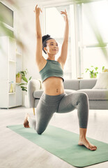 Yoga, lunge and woman at home with zen, relax and leg stretching for health in a living room. Young female person, apartment and lounge with pilates and flexibility exercise in house feeling calm - obrazy, fototapety, plakaty