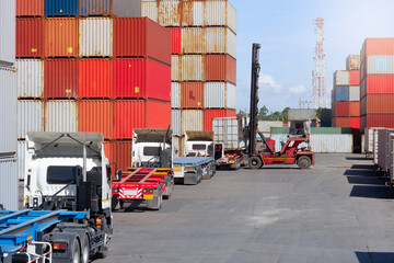 Container forklifts and trucks view of transport and industry