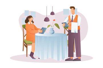 Restaurant concept with people scene in the flat cartoon design. The girl decided to have dinner in a restaurant. Vector illustration.
