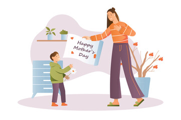 Mothers day concept with people scene in the flat cartoon design. A little son wishes his mother a happy Mother's Day. Vector illustration.