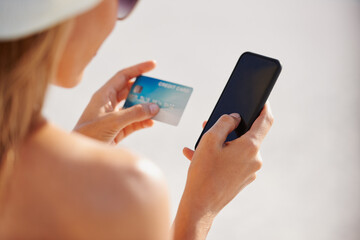 Credit card, phone screen and mockup with woman on beach for online shopping, payment and fintech. Relax, summer and vacation with hands of female customer for ecommerce, travel deal and finance